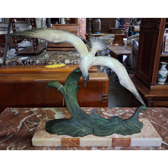 Art Deco Seagull in Flight on a Wave in Spelter and Marble from Sculpture, 1890s For Sale - Image 4 of 6