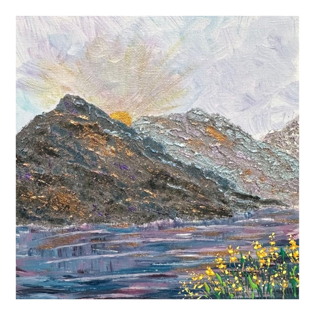 Mountain Majesty 6" X 6" Acrylic Painting, Sunrise, Lake and Wildflowers For Sale