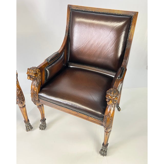 Theodore Alexander Pair of Theodore Alexander Regency Style Carved Lion & Hairy Paw Caster Armchairs in Brown Leather For Sale - Image 4 of 17