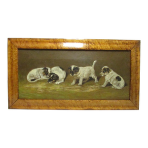 Antique English Painting of Jack Russell Puppies at Play