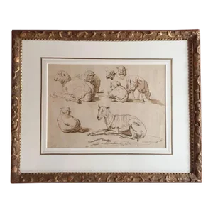 18th Century Dutch Study of Sheep Ink Drawing in French Carved & Gilt Wood Frame