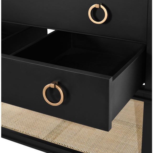 Matthew Izzo Home Cutler 36.5" Matte Black Lacquer, 2 Drawer Single Porcelain Sink Bath Vanity W/Carrara Marble Top, Brass Pulls, and Caned Open Shelf For Sale In New York - Image 6 of 11