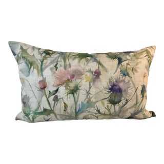 Large Bolster Pillow Decorated With a Muted Water Color Like Pink and Blue Thistle Floral Pattern - Made in U K For Sale