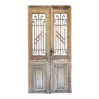 Antique Entry Doors With Wrought Iron Window Grilles - A Pair For Sale