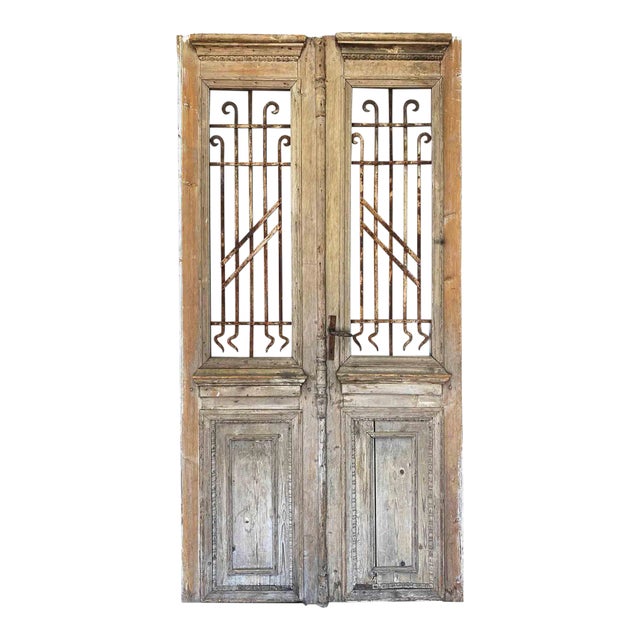 Antique Entry Doors With Wrought Iron Window Grilles - A Pair For Sale