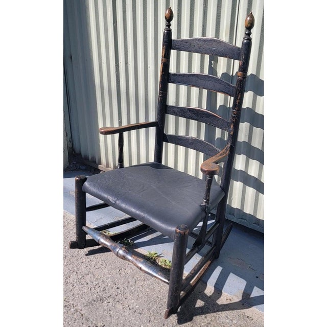 Folk Art 19Thc Early Original Black Painted Ladder Back Rocking Chair For Sale - Image 3 of 11