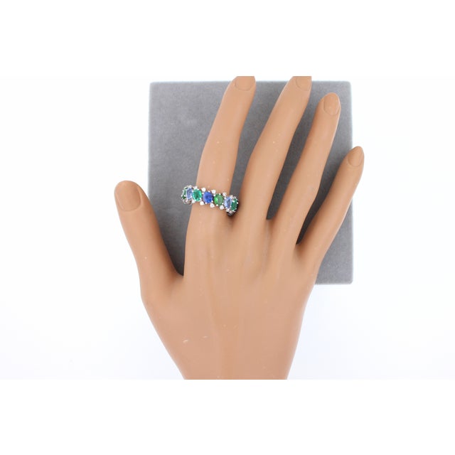 Diamond Emerald Sapphire Tsavorite Flexible Unique Eternity Band White Gold Ring, Size 5 For Sale - Image 15 of 18