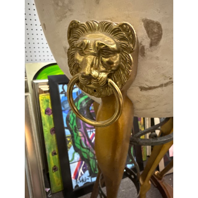 1970s Pair if Italian Gold Guild and Leather Lion Head Floor Planters For Sale - Image 4 of 8