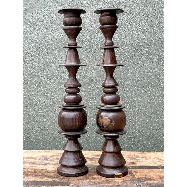 Vintage Turned Wood Candlesticks - A Pair For Sale - Image 12 of 12