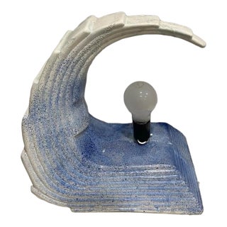 1980s Art Deco Revival Blue and White Ceramic Wave Lamps For Sale