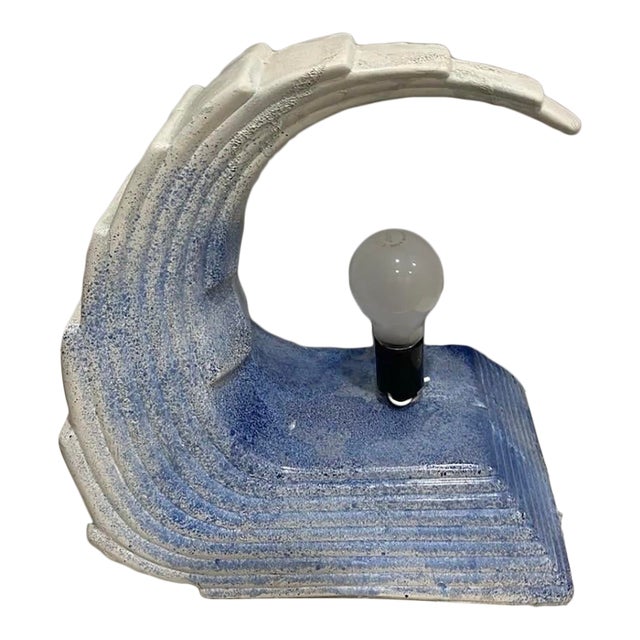 1980s Art Deco Revival Blue and White Ceramic Wave Lamps For Sale
