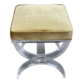 1970s Mid-Century Modernist Curved Lucite Yellow Velvet Vanity Ottoman Accent Bench For Sale