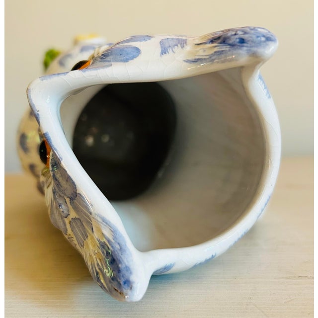 Blue Vintage Mid Century Blue & White Hand Painted Ceramic Owl Pitcher For Sale - Image 8 of 11
