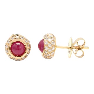 Dainty Ruby Diamond Pushback Studs in 18k Yellow Gold - 2 Pieces For Sale
