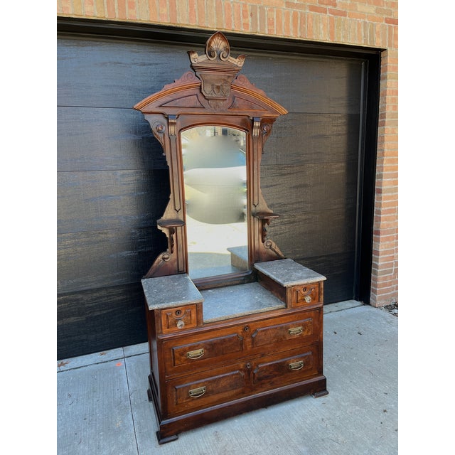 Antique Art Deco Nouveau Renaissance Burl Flame Drop Well Dresser Fossilized Marble For Sale In Columbus - Image 6 of 13