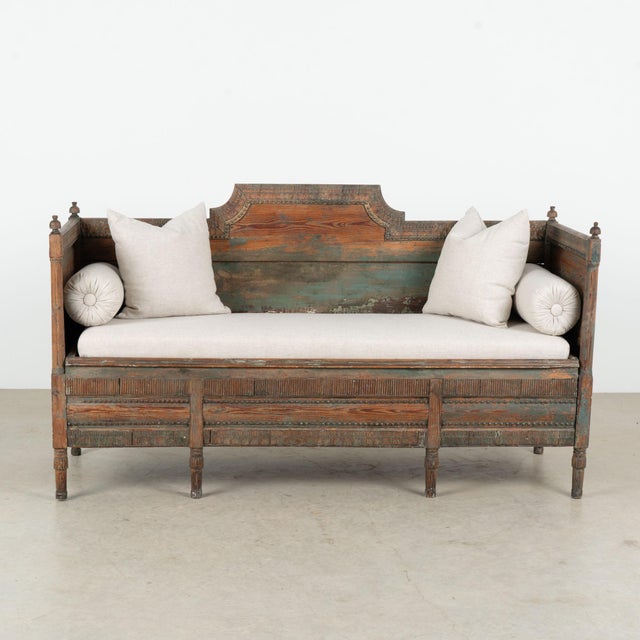 19th Century Swedish Gustavian Original Teal Blue Painted Pine Bench For Sale - Image 4 of 14