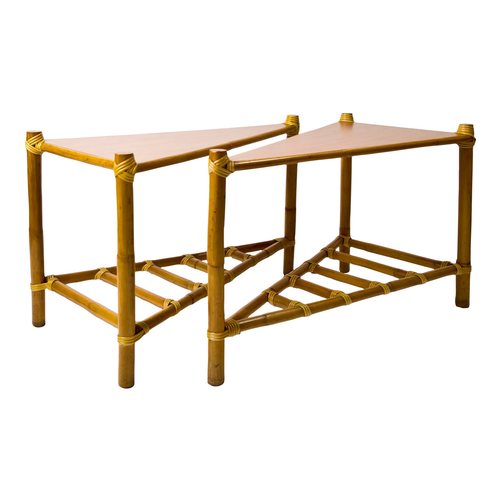 Vintage 1970s Rattan Triangle Tables - a Pair | Chairish