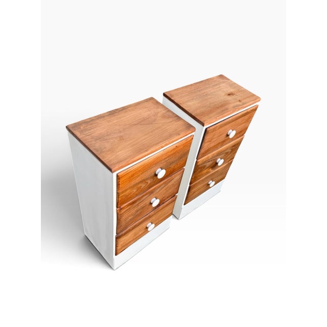 Rustic Vintage Handmade Solid Wood Walnut & Ivory Nightstands, Pair For Sale - Image 3 of 10