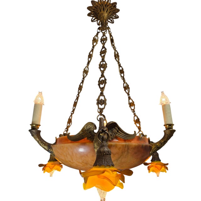 Terra Cotta Antique Neoclassical Amber /Honey Alabaster, Gilt Bronze Chandelier W-Griffin Mounts For Sale - Image 8 of 18