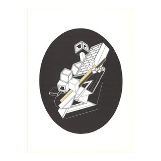 1969 Alain Le Yaouanc 'Cubic Forms on Black Oval' Surrealism Black & White Lithograph For Sale