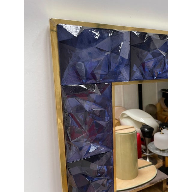 Mid-Century Modern Contemporary Brass & Blue Murano Glass Wall Mirror For Sale - Image 3 of 11