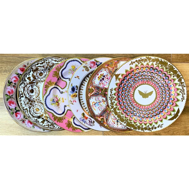 Metal Enamaled Pink & Gold Tin English Plates - Set of 6 For Sale - Image 7 of 8