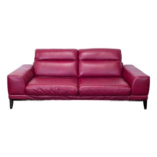 Modern Red Leather 3-Seat Sofa With Cushioned Armrests For Sale