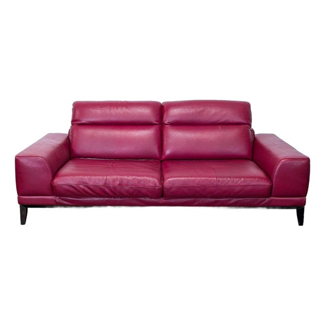 Modern Red Leather 3-Seat Sofa With Cushioned Armrests For Sale