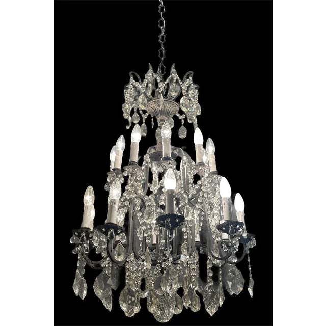 Antique Wrought iron Crystal chandelier Iron frame with hanging lead crystals This chandelier has been cleaned restored...