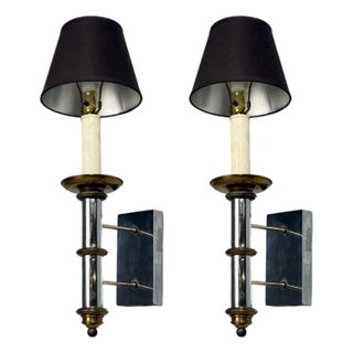 Tommi Parzinger, Large Wall Sconces, Chromed Steel, Brass, Fabric, Usa, 1950s For Sale