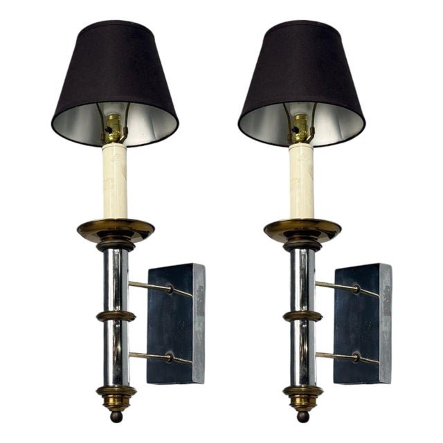 Tommi Parzinger, Large Wall Sconces, Chromed Steel, Brass, Fabric, Usa, 1950s For Sale