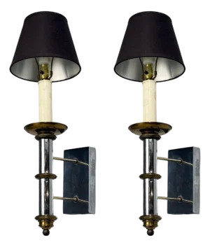 Tommi Parzinger, Large Wall Sconces, Chromed Steel, Brass, Fabric, Usa, 1950s