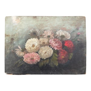 Mid 1800s Oil on Board Still Life of Dahlias. For Sale