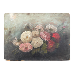 Mid 1800s Oil on Board Still Life of Dahlias.