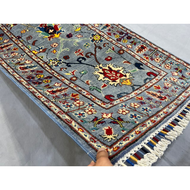 Blue Gray Persian-Style Floral Wool Runner Rug, Natural Dyes, 2'9" X 9'7" For Sale - Image 10 of 14