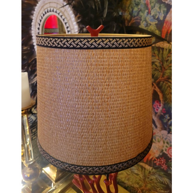 1990s Vintage Red Faux Coral Tan Rattan Custom Shade Extra Tall Table Lamp For Sale - Image 5 of 10