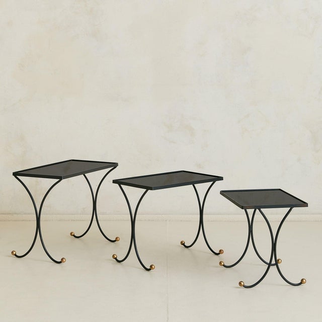 Black Trio of French Iron + Opaline Glass Nesting Tables in Manner Jean Royère, 1950s For Sale - Image 8 of 18
