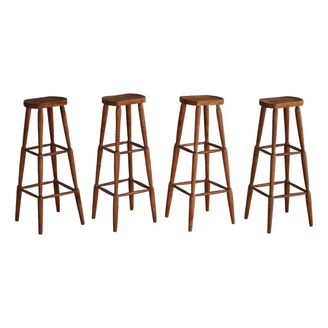 Vintage Rustic Pine Bar Stools, 1930s, Set of 4 For Sale