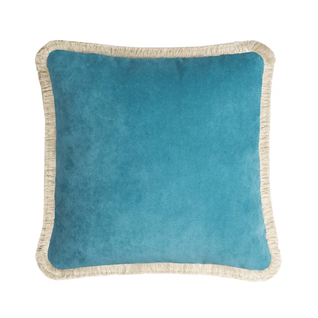 Contemporary Happy Cushion Cover in Velvet Light Blue with Dirty White Fringes by Lorenza Briola For Sale - Image 3 of 3