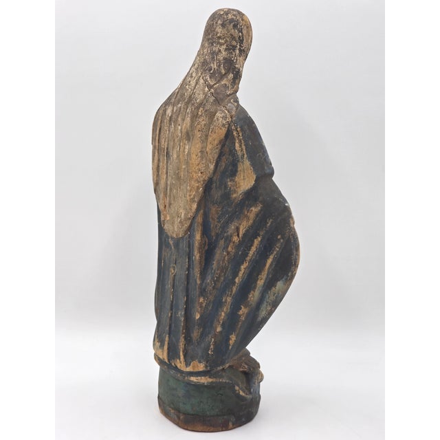 Rare Antique 18th Century Spanish Colonial Hand-Carved Virgin Mary Statue Polychrome Wood For Sale - Image 9 of 15