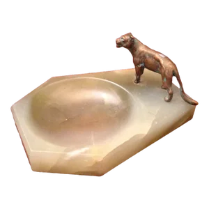 1920s Art Deco Onyx + Bronze Panther Lioness Desktop Ashtray or Catchall