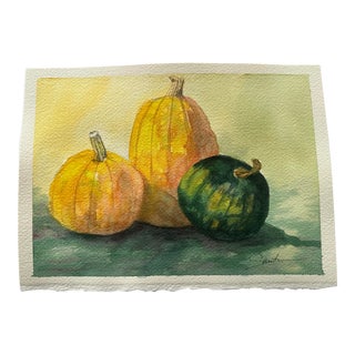 Signed Original Watercolor Painting “Green Pumpkin” For Sale