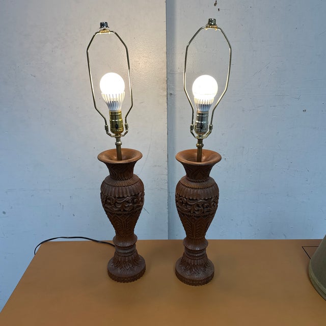 Vintage Carved Wood Table Lamps, Pair For Sale - Image 12 of 12