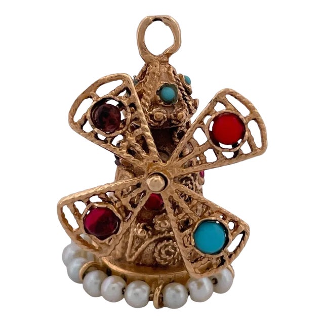 Antique 14k Yellow Gold Multi Gem Windmill Pendant For Sale