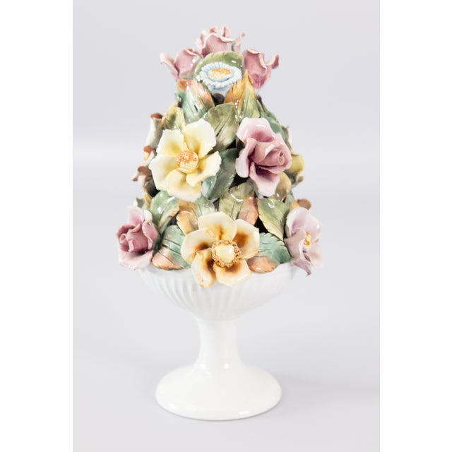 French Country Vintage Italian Majolica Floral Roses Topiary For Sale - Image 3 of 11