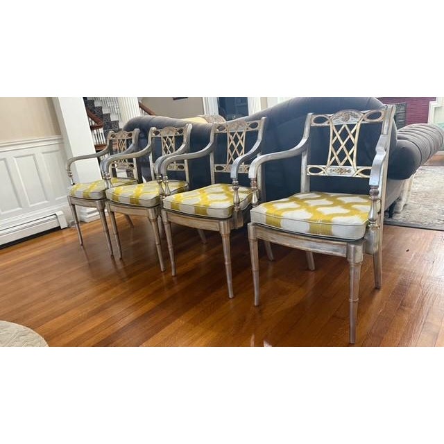 Hollywood Regency Set of 4 Maitland-Smith Silver & Gold Leaf Armchairs With New Caning & Cushions For Sale - Image 3 of 17