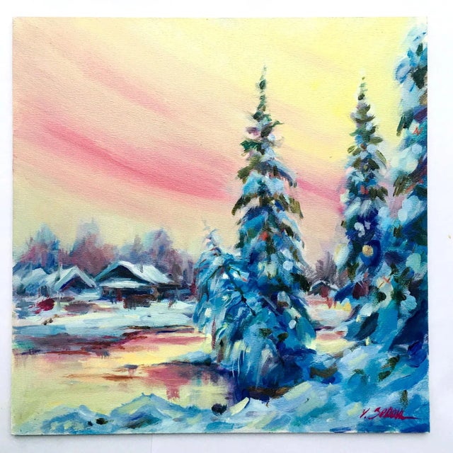 Winter Snow Landscape Forest Original Painting Handmade Art Decor by Valeriya Serova For Sale - Image 6 of 7