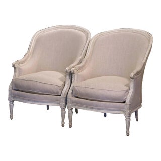 Pair of 19th Century French Louis XVI Carved and Painted Upholstered Armchairs For Sale