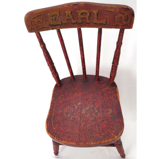 Late 19th Century Cute Mid 1800s Antique American Small Childs Chair for Earl - Nice Original Red Hand Painted Features For Sale - Image 5 of 13