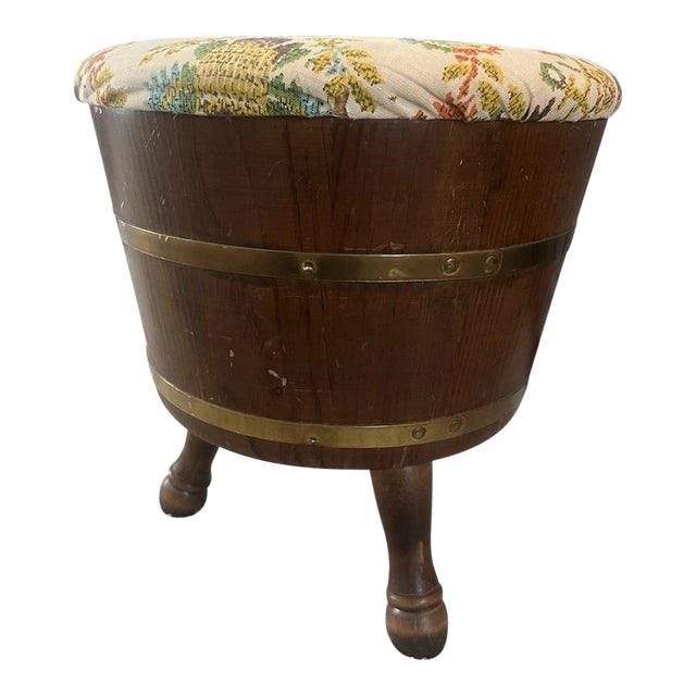 Vintage 3 Legged Banded Mini Half Barrel Keg Style Sewing Stool With Storage For Sale